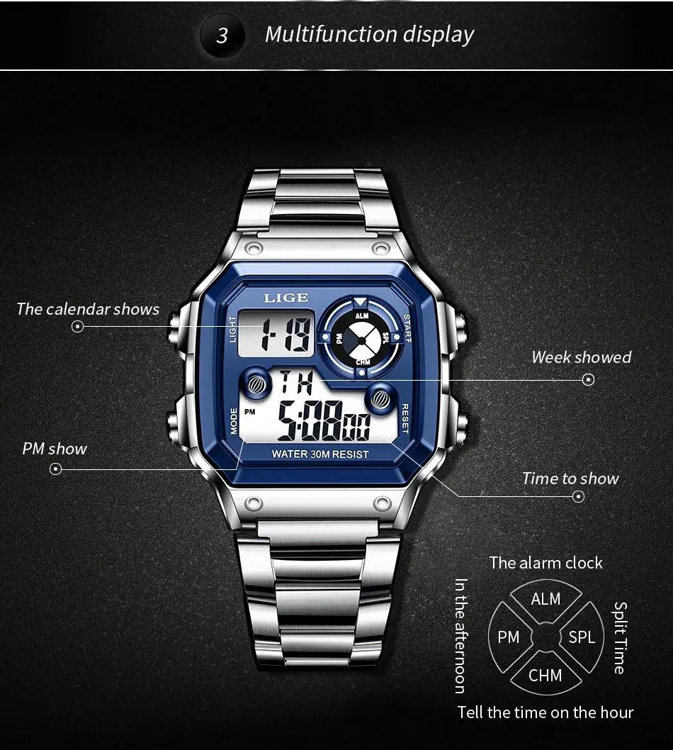 LIGE men's digital sport watch with blue dial and stainless steel bracelet, water resistant 30m