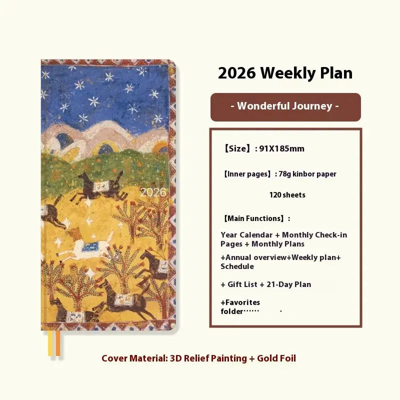 Kinbor 2026 Weekly Planner pocket-size notebook with colorful illustrated cover and gold foil