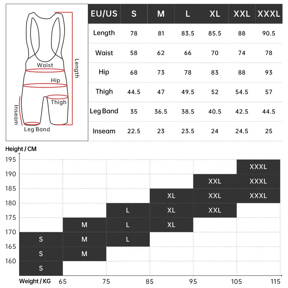 RION men's cycling bib shorts with padded cushion for long-distance MTB; size and height/weight charts shown