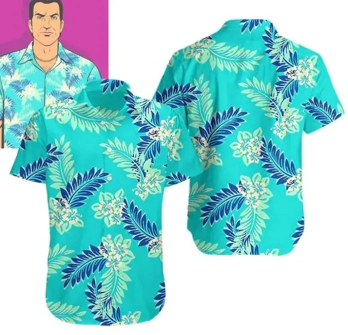 Simples Market two Hawaiian floral shirts; turquoise tropical print with palm leaves and white hibiscus, unisex.