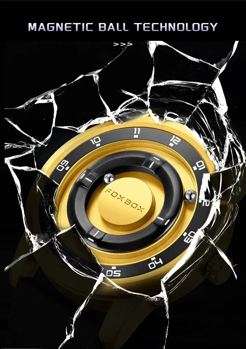 FOXBOX gold-tone men's wristwatch with black bezel and magnetic ball technology