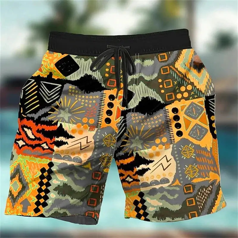 Men Shorts with 3D graffiti print in orange, gray and black; casual beach board shorts with drawstring
