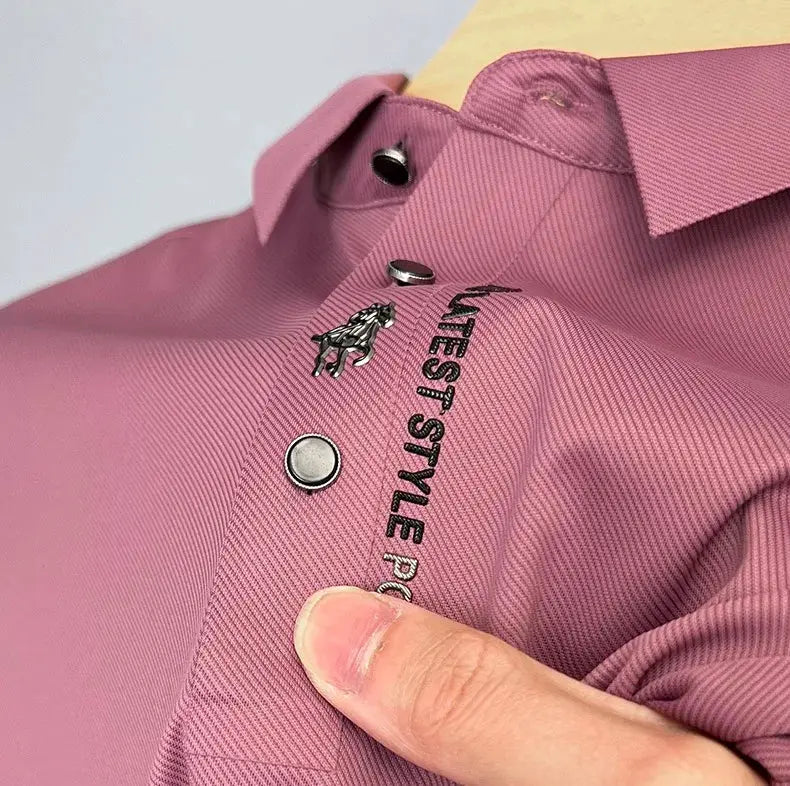 Simples Market men's pink ice-silk short-sleeved polo shirt with embroidered logo on placket and metal snaps