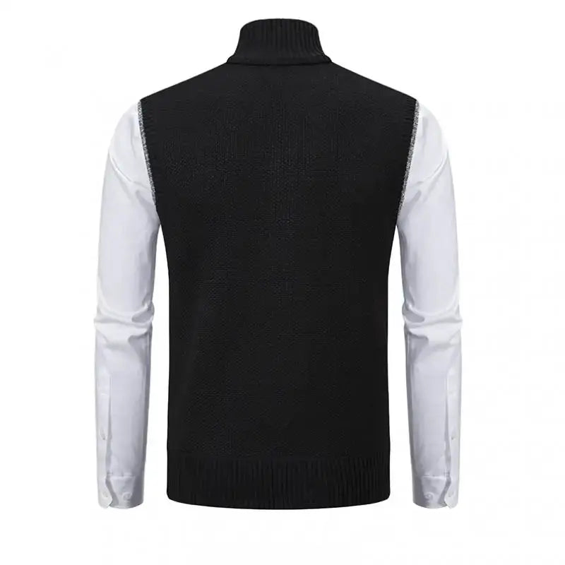 Men's black knitted sleeveless vest with stand collar worn over a white shirt