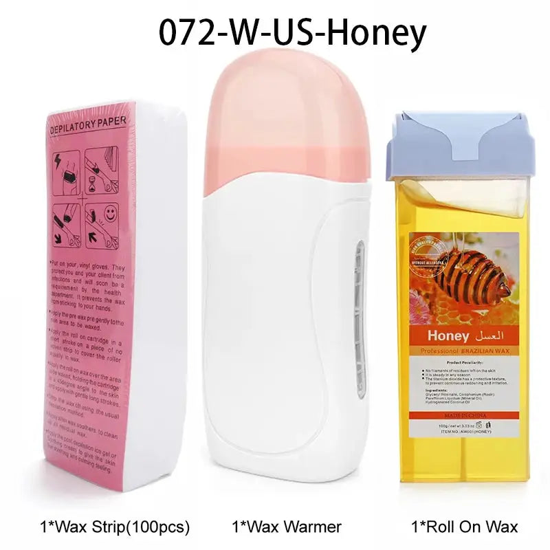 Simples Market wax kit: 1 white wax warmer with pink lid, 1 box of 100 wax strips, 1 honey roll-on wax.