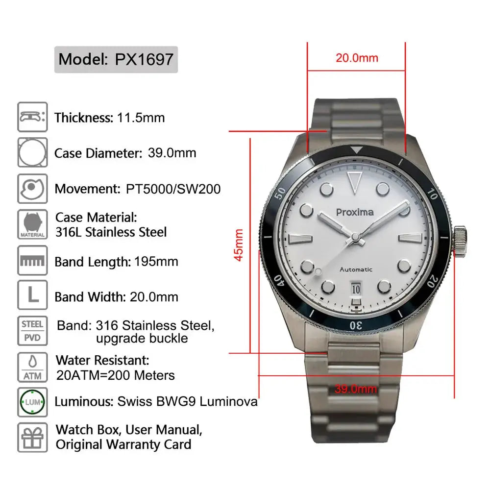 Proxima PX1697 39mm watch with white enamel dial, stainless steel bracelet, automatic movement, 20BAR resistance