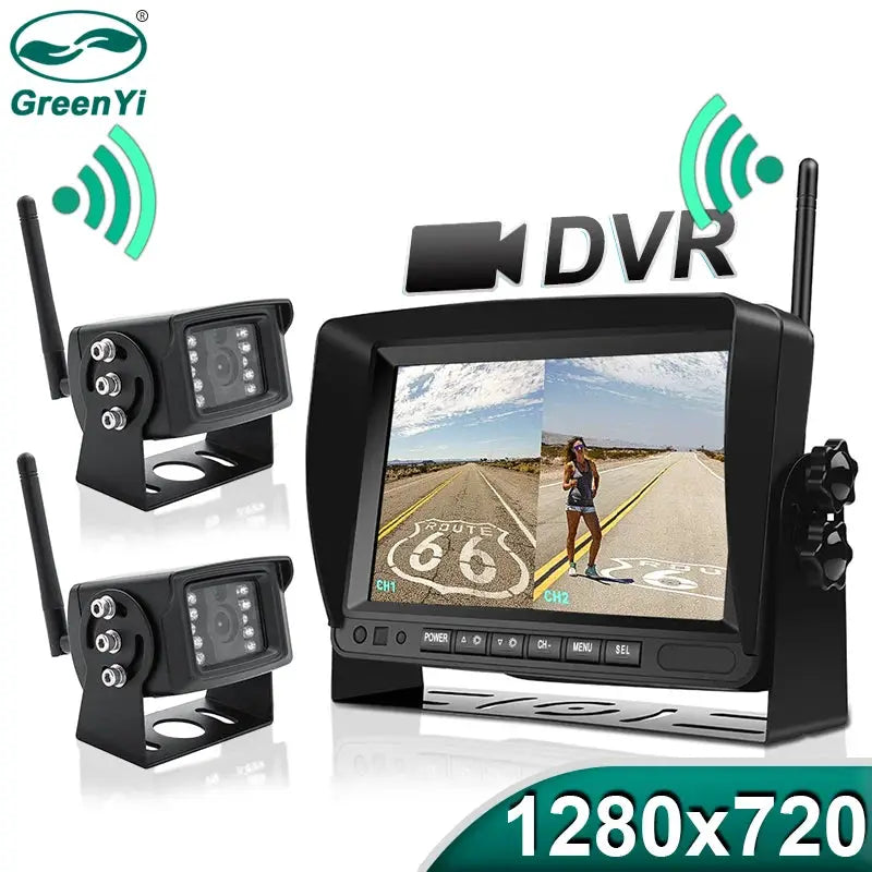 GreenYi 7-inch wireless truck DVR monitor with two cameras for bus/car, 1280x720 HD, night vision, wifi