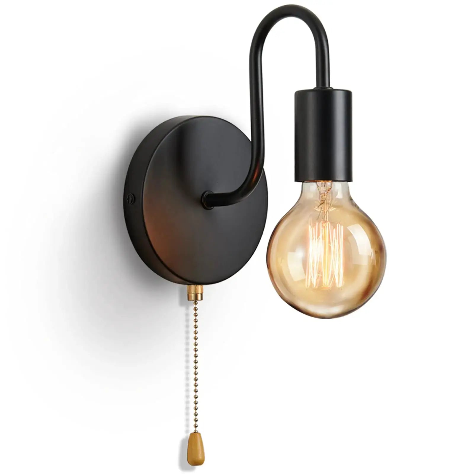 Simples Market Nordic industrial wall lamp; black metal, arched arm, exposed Edison bulb