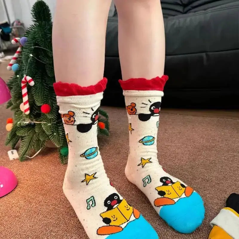 4 Pairs Pingu Medium Length Socks for Women Cartoon Style Breathable Soft Kawaii Girls Autumn Winter Fashion