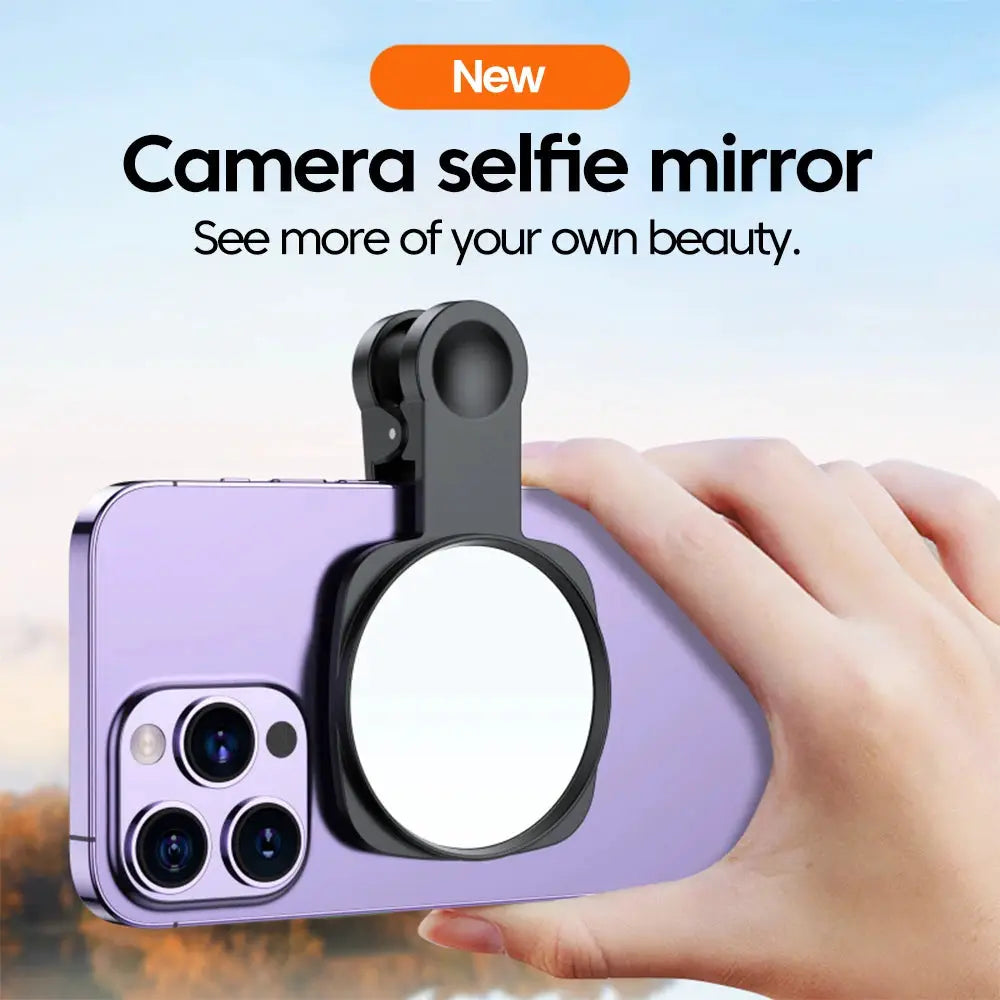 Smartphone camera selfie mirror clip kit; black mount with round mirror for iPhone/Samsung
