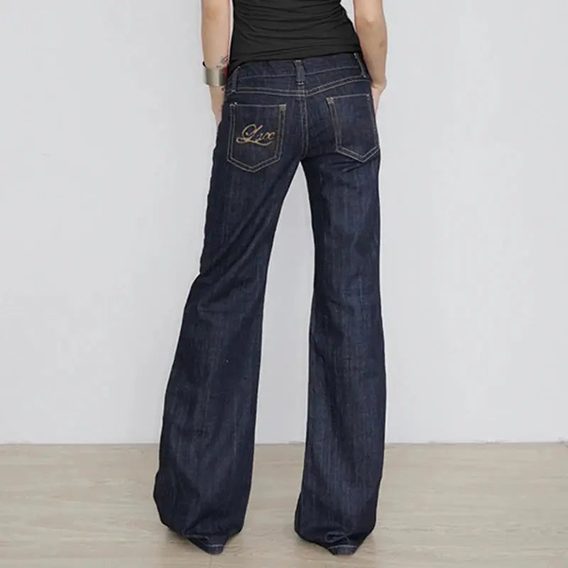 Women's Slim Fit Flared Jeans Y2K Low Rise Denim Embroidery Distressed