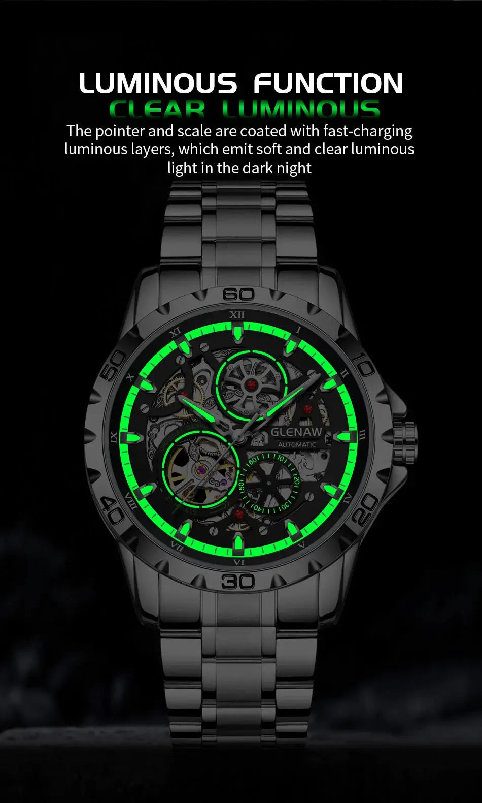 GLENAW skeleton steampunk men's watch with luminous green accents and stainless steel strap, automatic movement.
