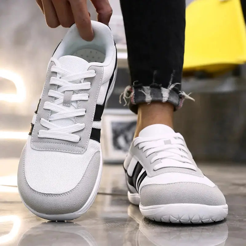 Wide running shoes by Simples Market, anti-slip lightweight breathable, white with gray mesh overlays