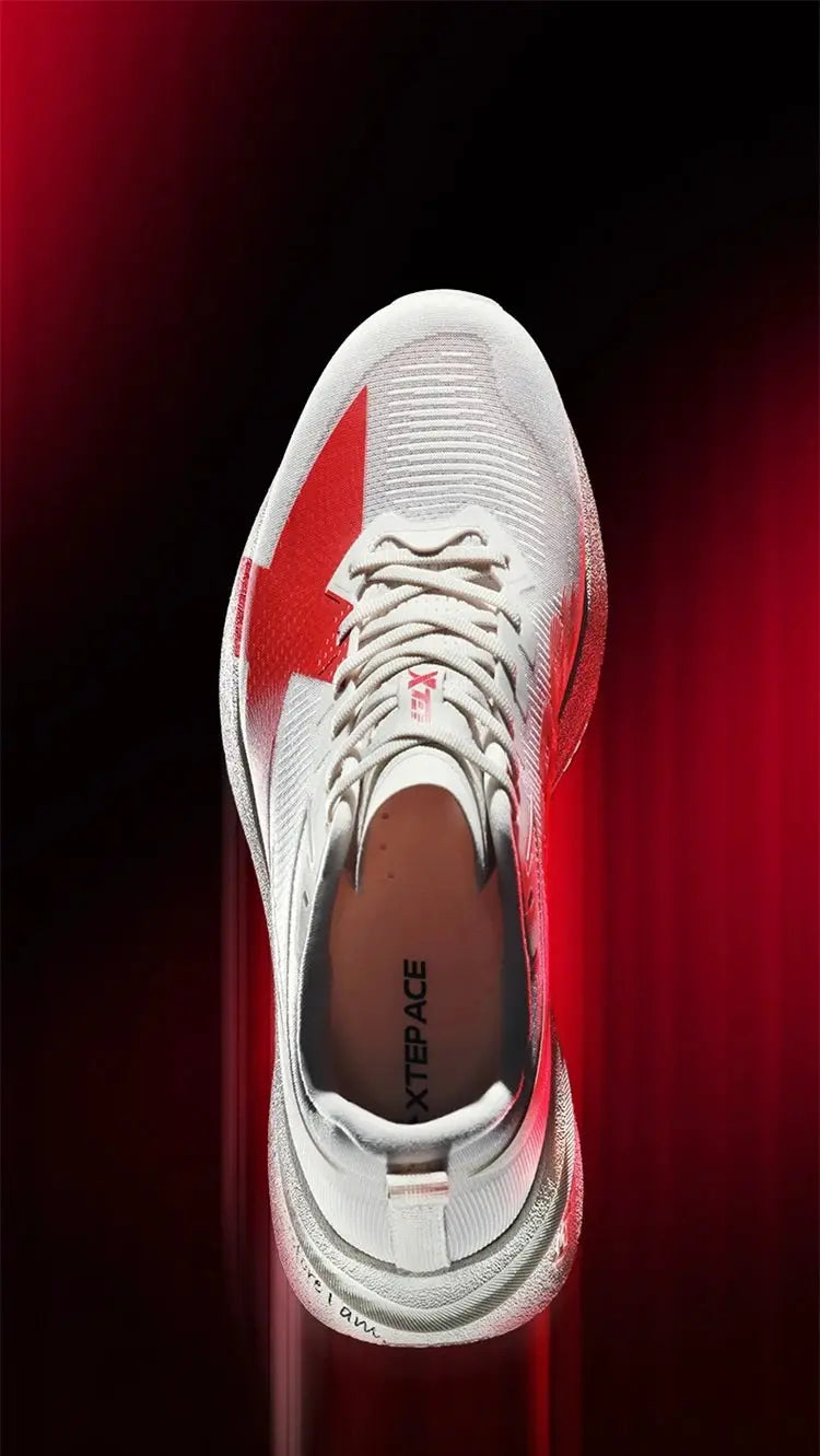 XTEP men's running sneaker top view, white with red accents, cushioned lightweight stability shoe