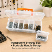 Simples Market transparent multi-compartment tool storage box with portable orange handle and screw organizer.