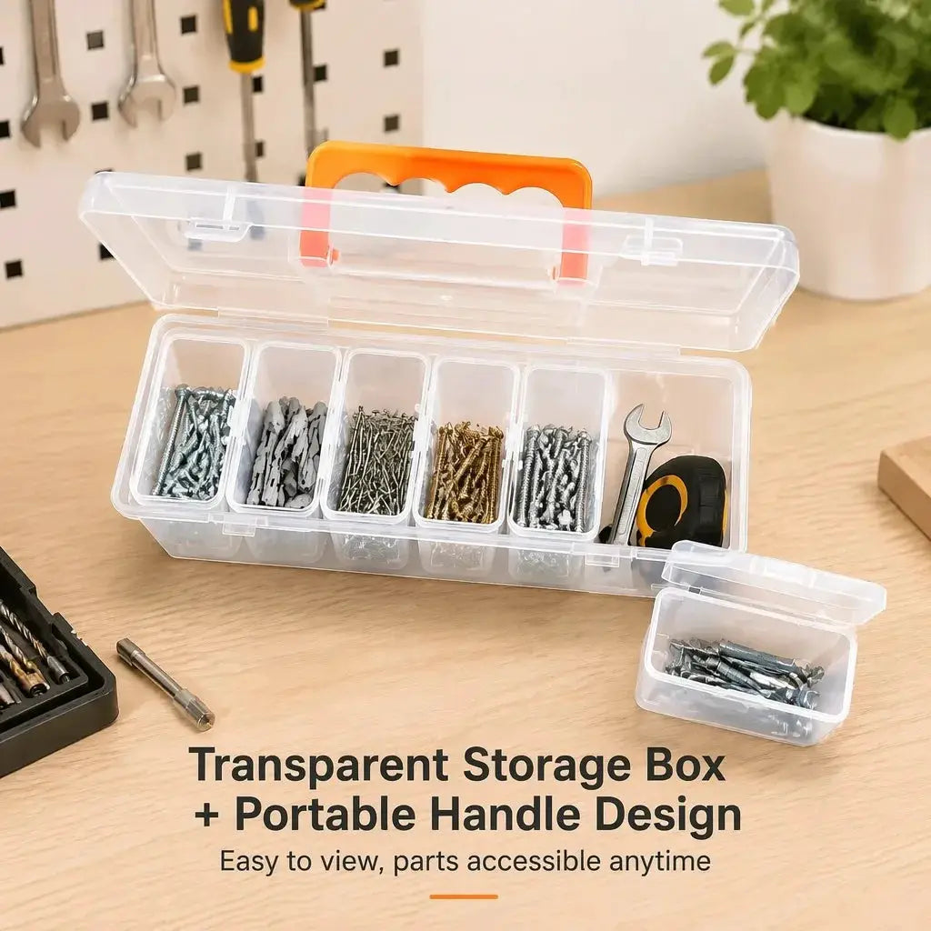 Hardware Tool Storage Box by Simples Market, transparent multi-compartment organizer with orange handle for screws