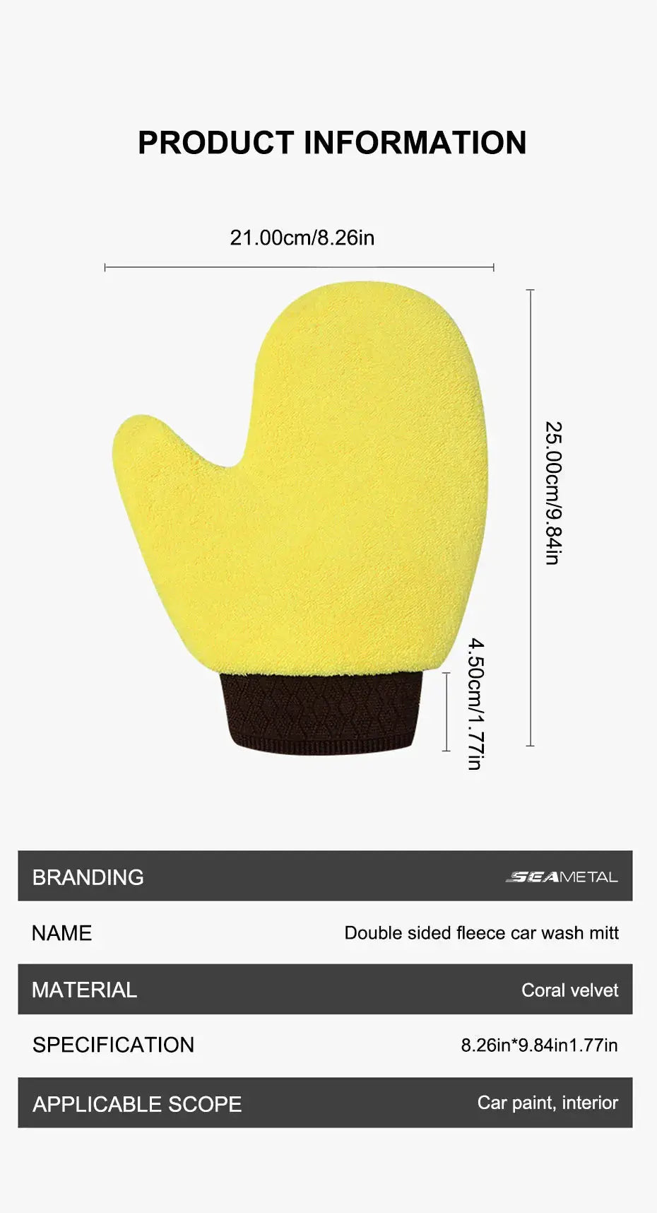 SEAMETAL microfiber car washing glove by Simples Market, double-faced yellow coral fleece mitt with brown cuff