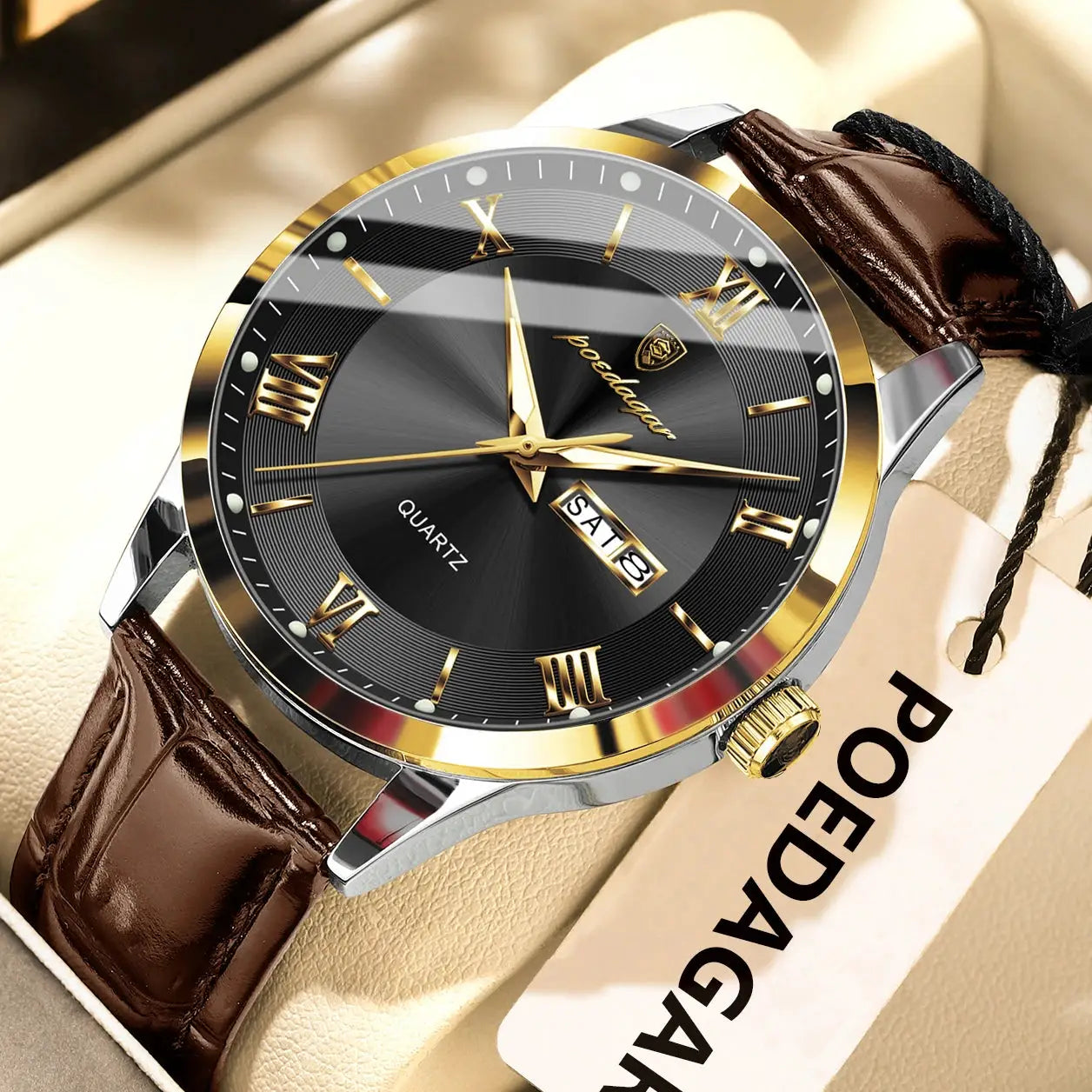 POEDAGAR Original Men Leather Strap Quartz Watch Luminous Waterproof Stainless Steel Case Timepiece