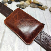 Mini leather waist bag with zipper, brown textured belt pouch