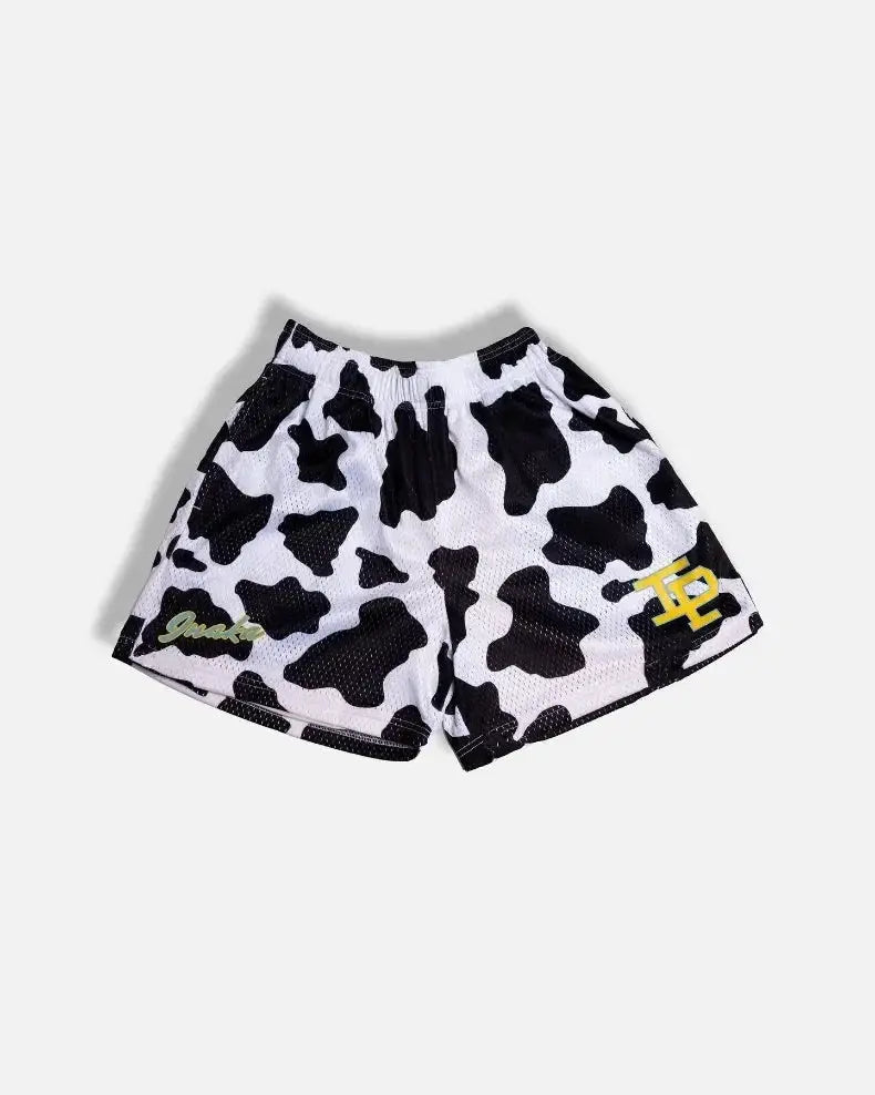 Mens white cow-print athletic shorts with breathable mesh and quick-dry fabric, Simples Market