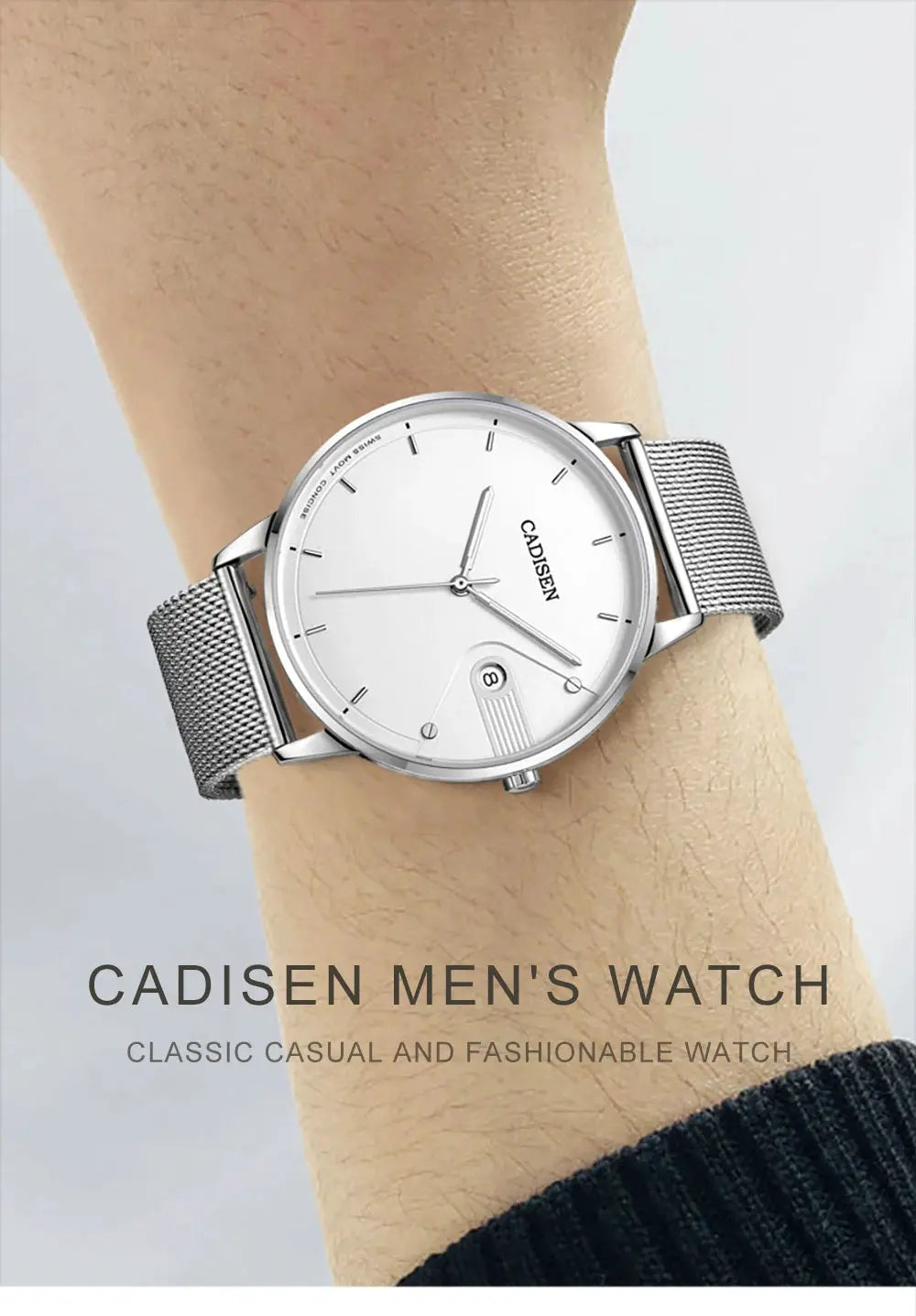 CADISEN men's watch with white dial and silver Milano mesh stainless steel strap