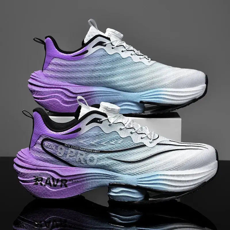 Men's running shoes pair with gradient purple to white, cushioned midsole, carbon plate design, non-slip outsole