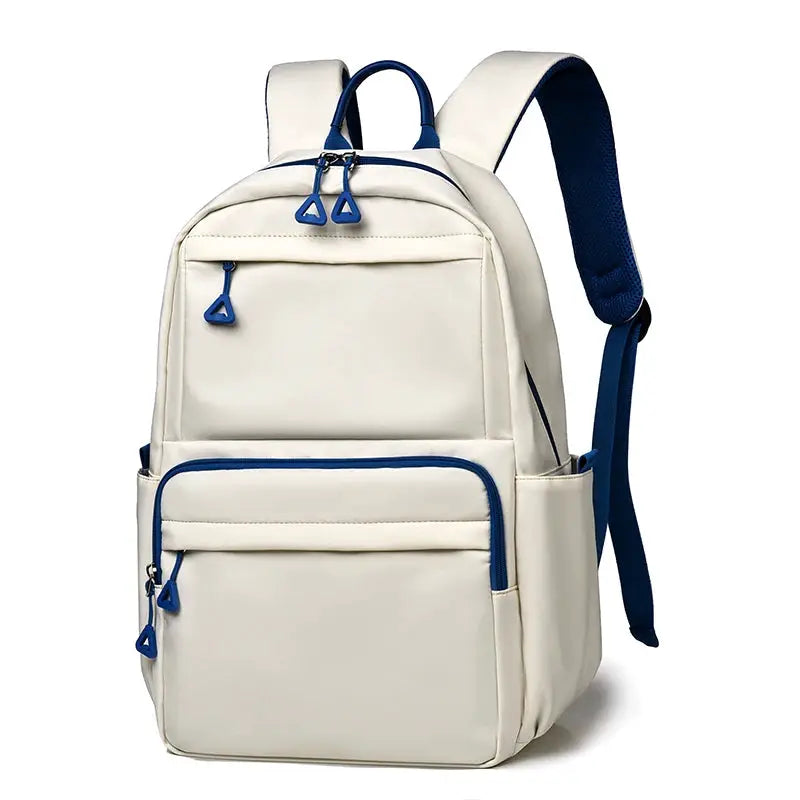 Backpack by Simples Market, beige with blue zippers and straps, large-capacity unisex laptop backpack.