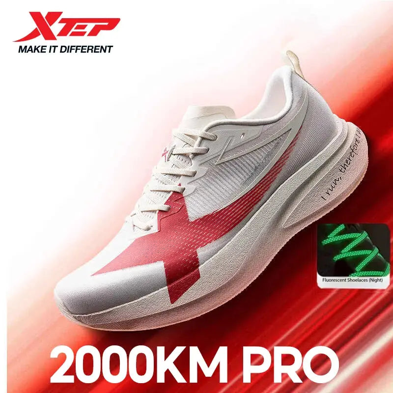 XTEP 2000KM PRO men's running sneakers in white with red accents and fluorescent laces