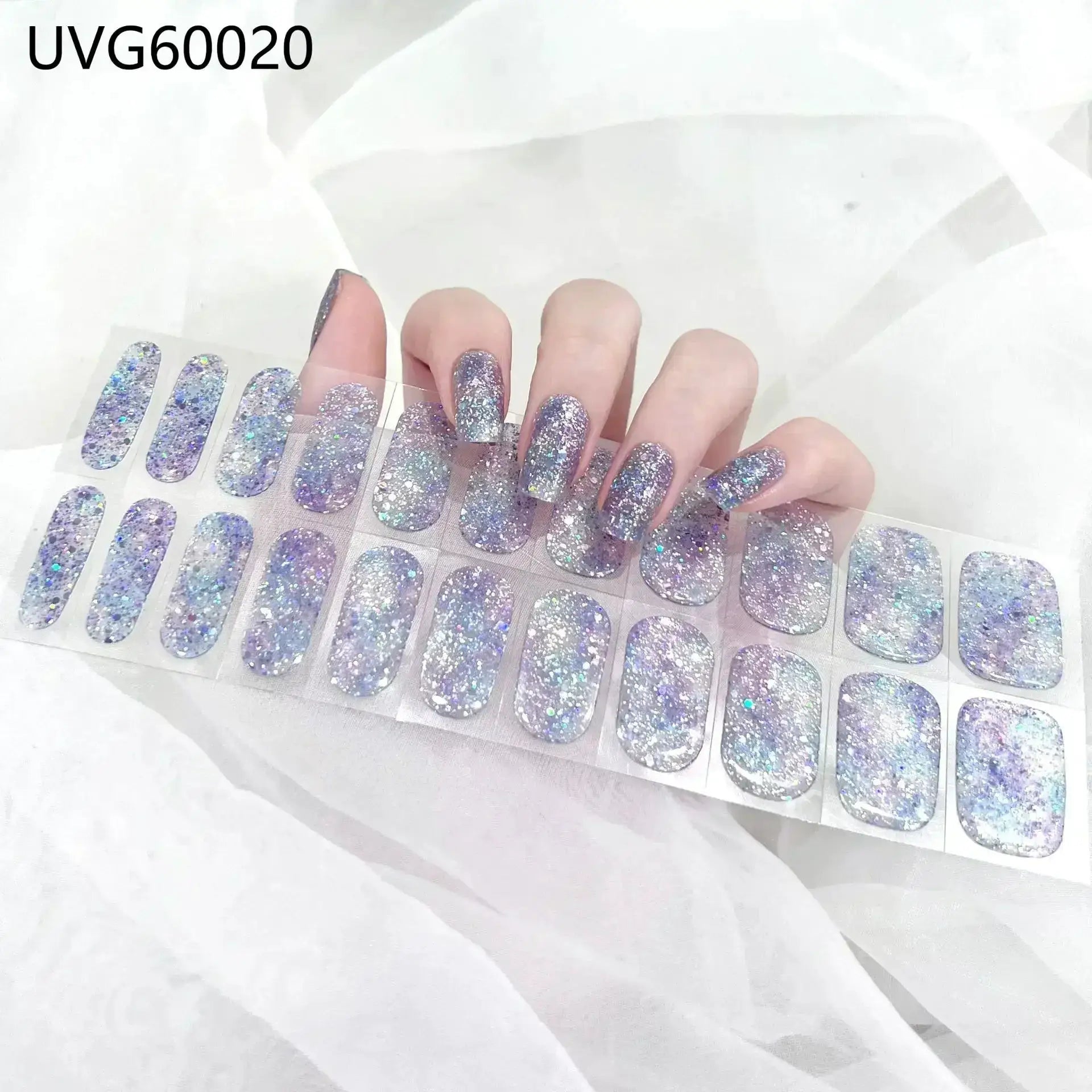 Simples Market gel nail wraps set; holographic glitter full-cover tips (16/20/22), sheet of UV lamp-ready stickers.