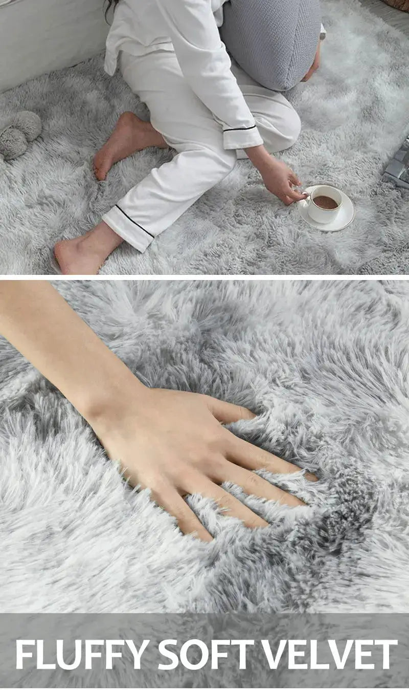 VIKAMA grey fluffy velvet area rug by Simples Market; large shaggy carpet for bedroom or living room