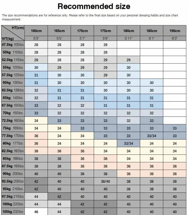Simples Market Autumn Men's Cotton Pants size chart showing height and weight-based recommendations.