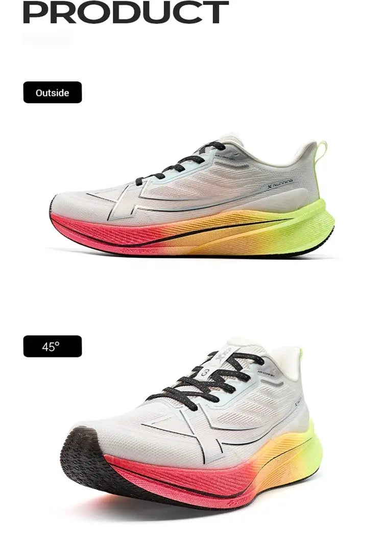 Xtep 2000km 3.0 men’s running shoes by Simples Market, two shown, white/gray upper with gradient pink to lime outsole.
