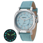 BERNY women's mechanical watch with blue dial, blue fabric strap, silver case, automatic movement, and date window