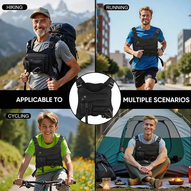 Simples Market outdoor tactical chest bag for men; black utility EDC chest pack for hiking, running, cycling.