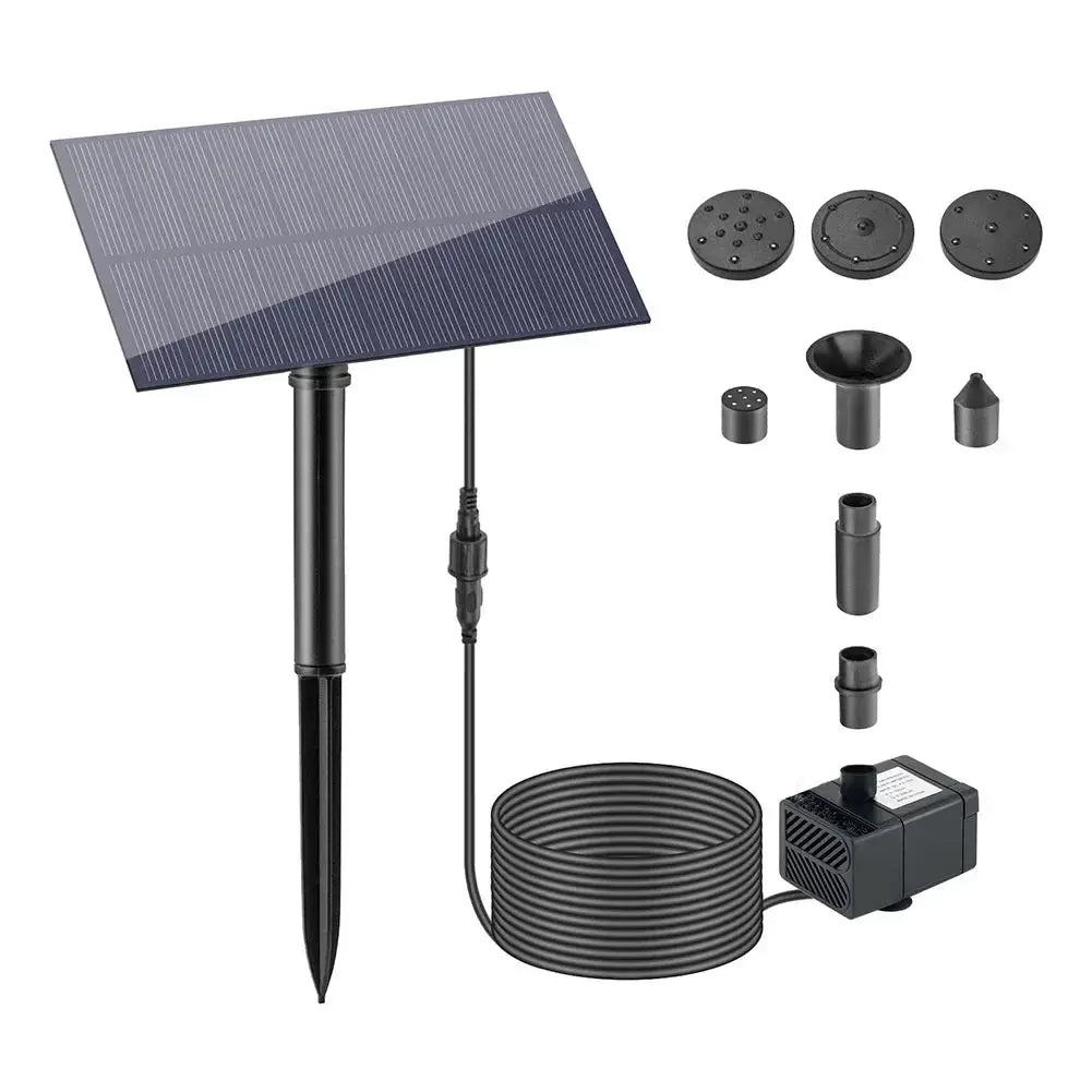 Solar water fountain kit by Simples Market with stake, solar panel, pump and nozzle attachments for garden or fish tank.