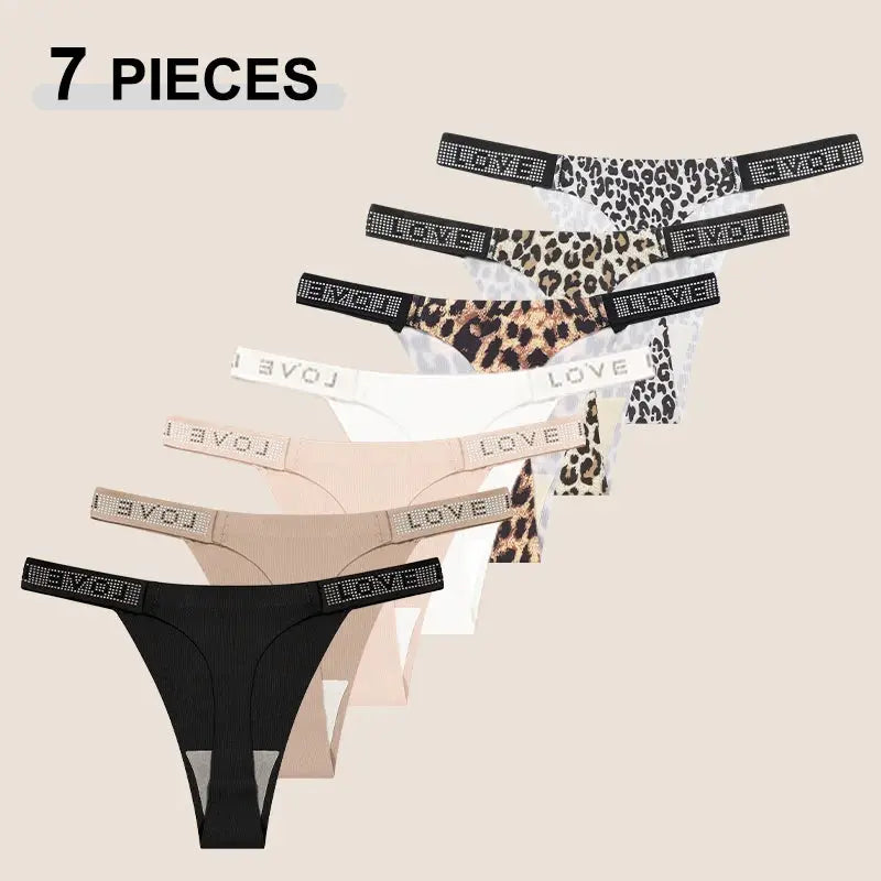 7-piece women's thong set with leopard and solid colors, low-rise fit and crystal-letter waistband