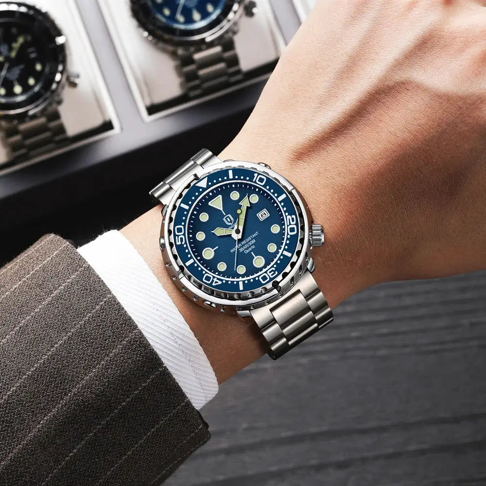 QINGXIYA men's blue dial quartz sports watch with stainless steel bracelet and date window