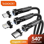 Toocki 540° rotating magnetic USB-C charging cable with three adapters and braided black cord