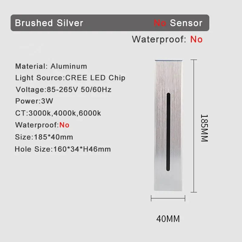 Simples Market SANDIY brushed-silver aluminum wall light, 3W CREE LED, no sensor, 85–265V, 3000/4000/6000K, 185×40mm