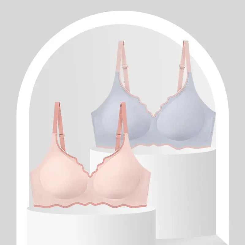 Two push-up bras in peach and lavender with scalloped trim, Simples Market
