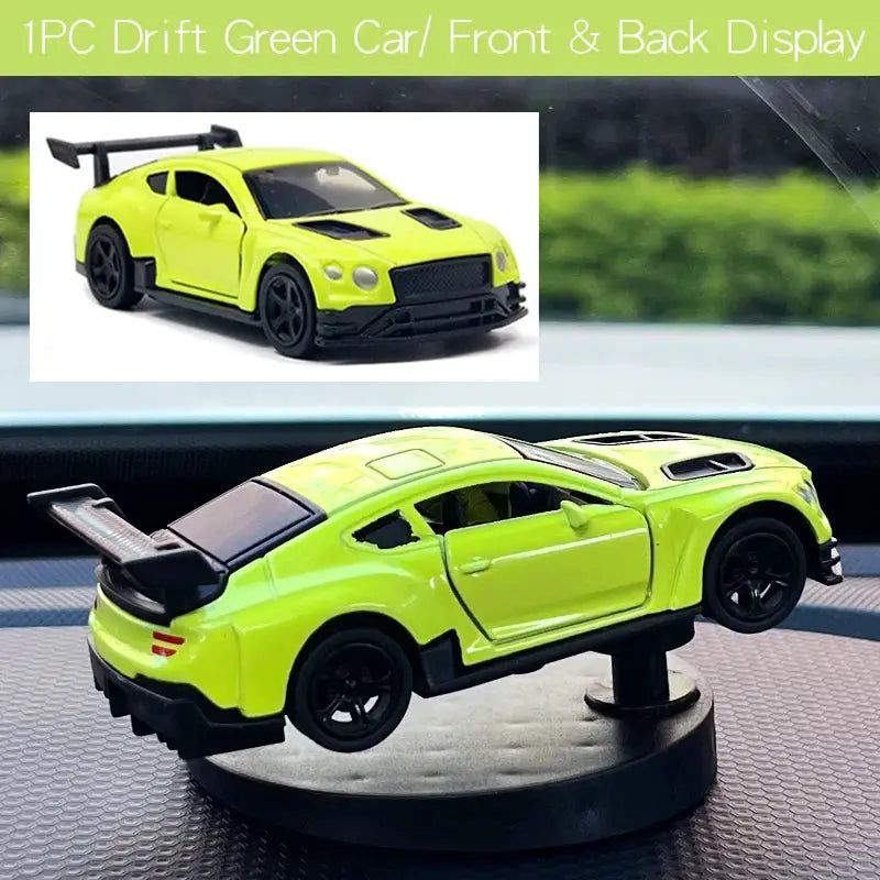 Neon green drift car toy model with black spoiler for dashboard display