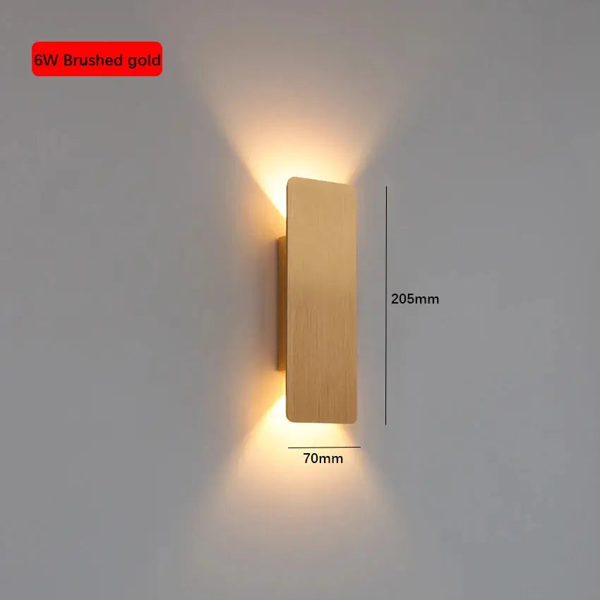 6W brushed gold aluminum LED wall lamp; modern indoor wall light for bedroom or living room, 205mm tall by 70mm wide