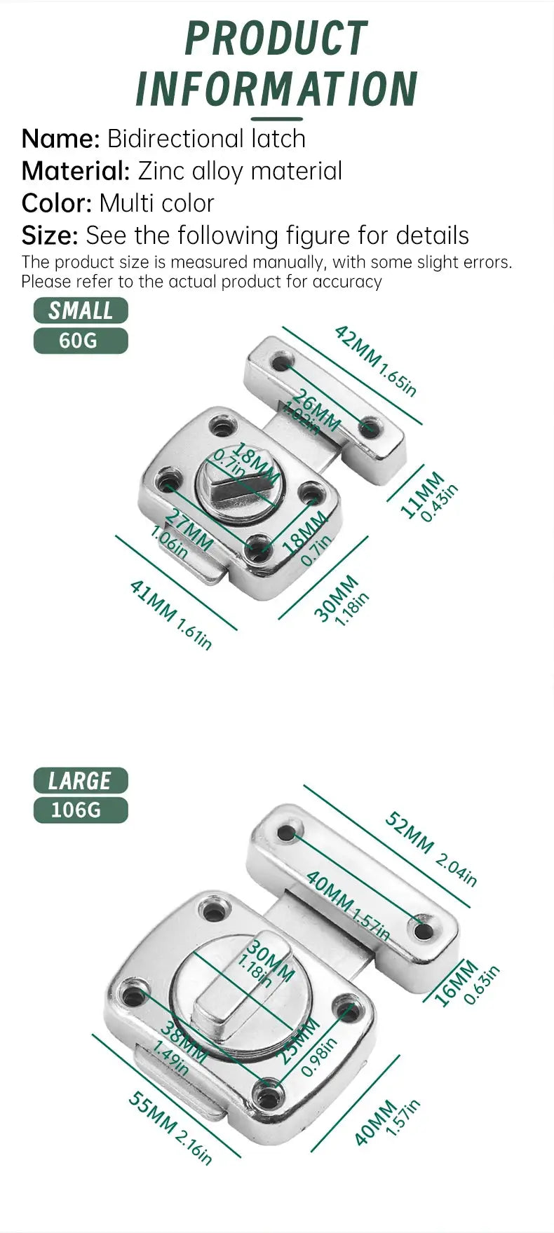 Simples Market home security latch; zinc alloy rotate bolt, small and large sizes shown.