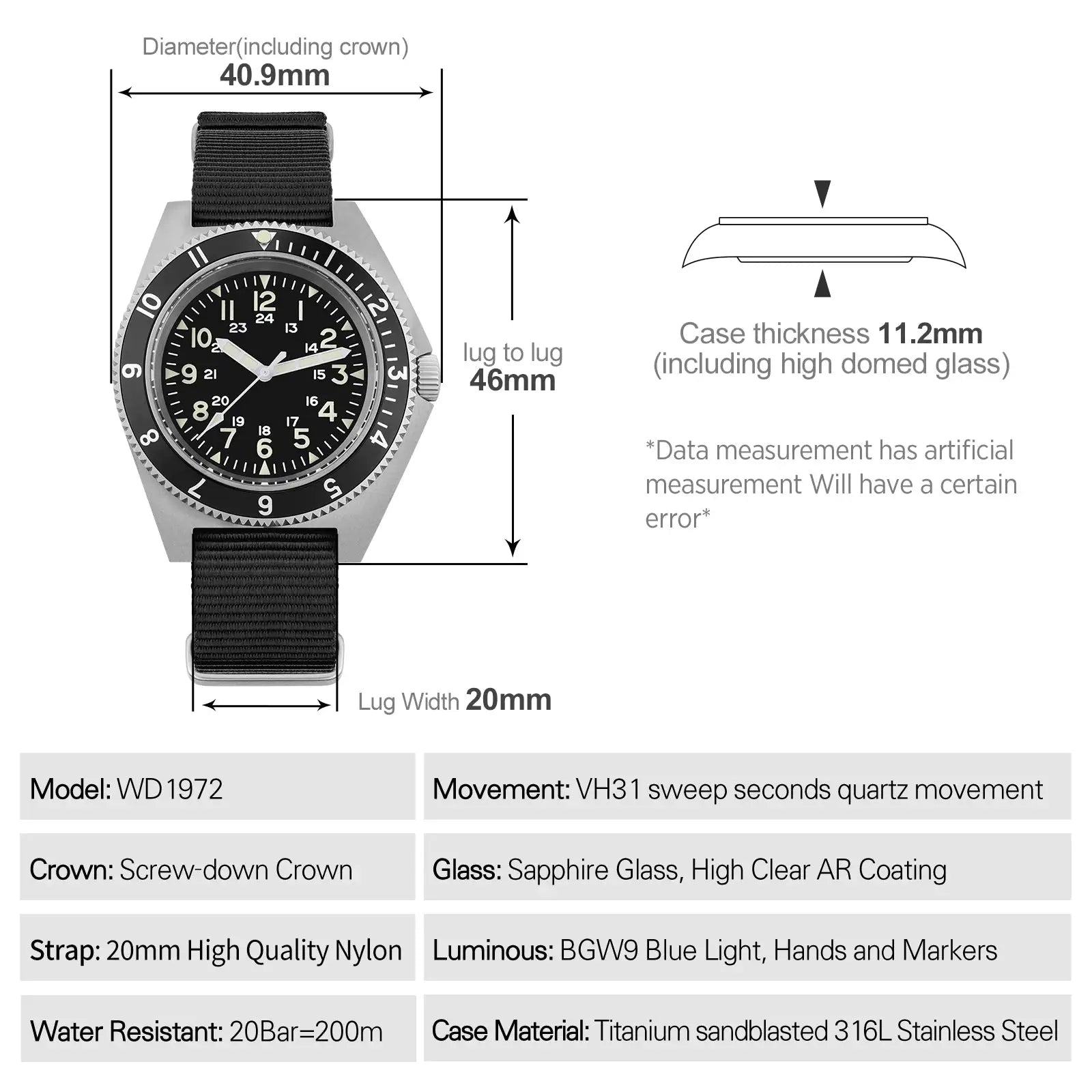 Watchdives WD1972 quartz watch with black dial and nylon strap, 200m water resistance