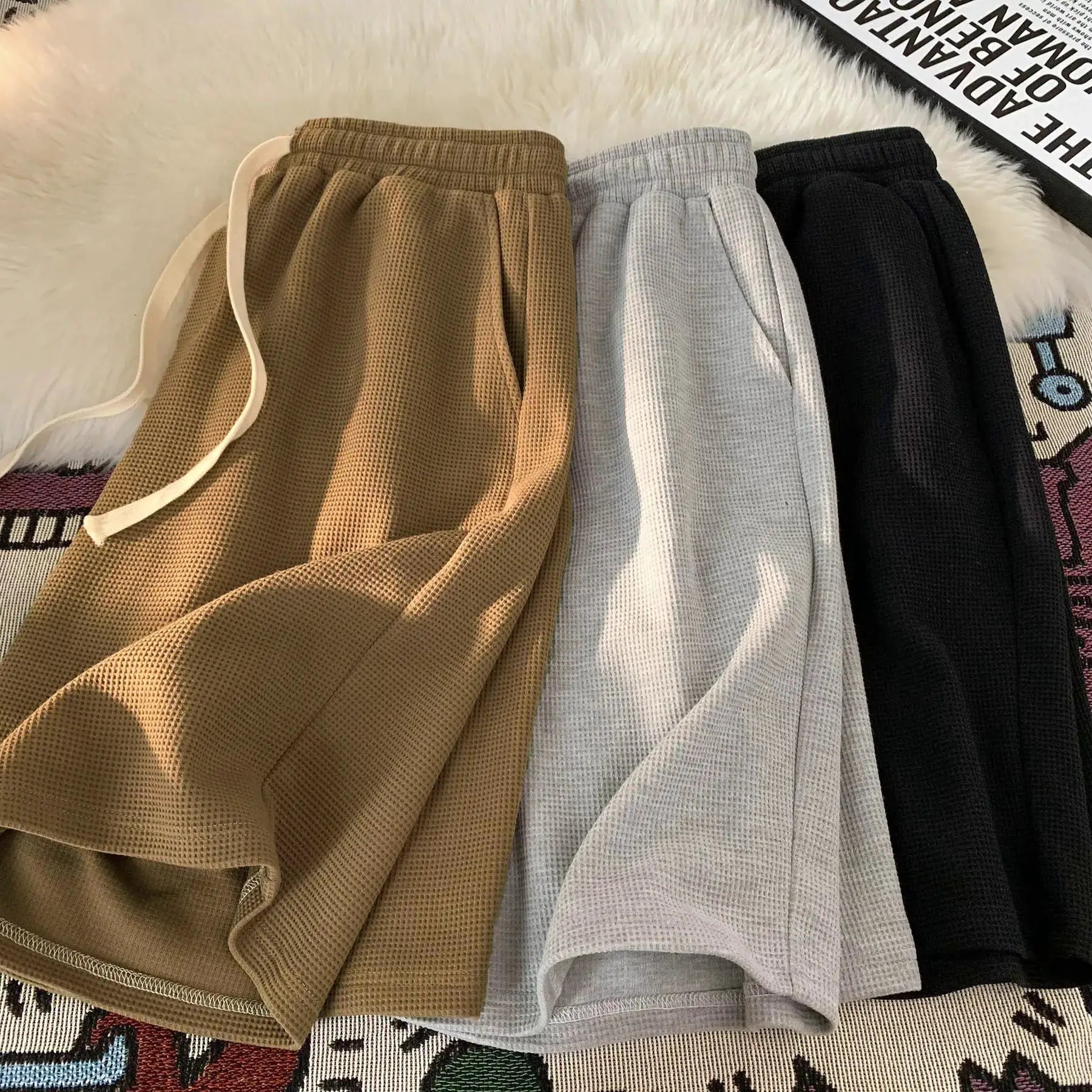 Waffle shorts set of 4 for men in tan, gray, light gray and black with drawstring waist