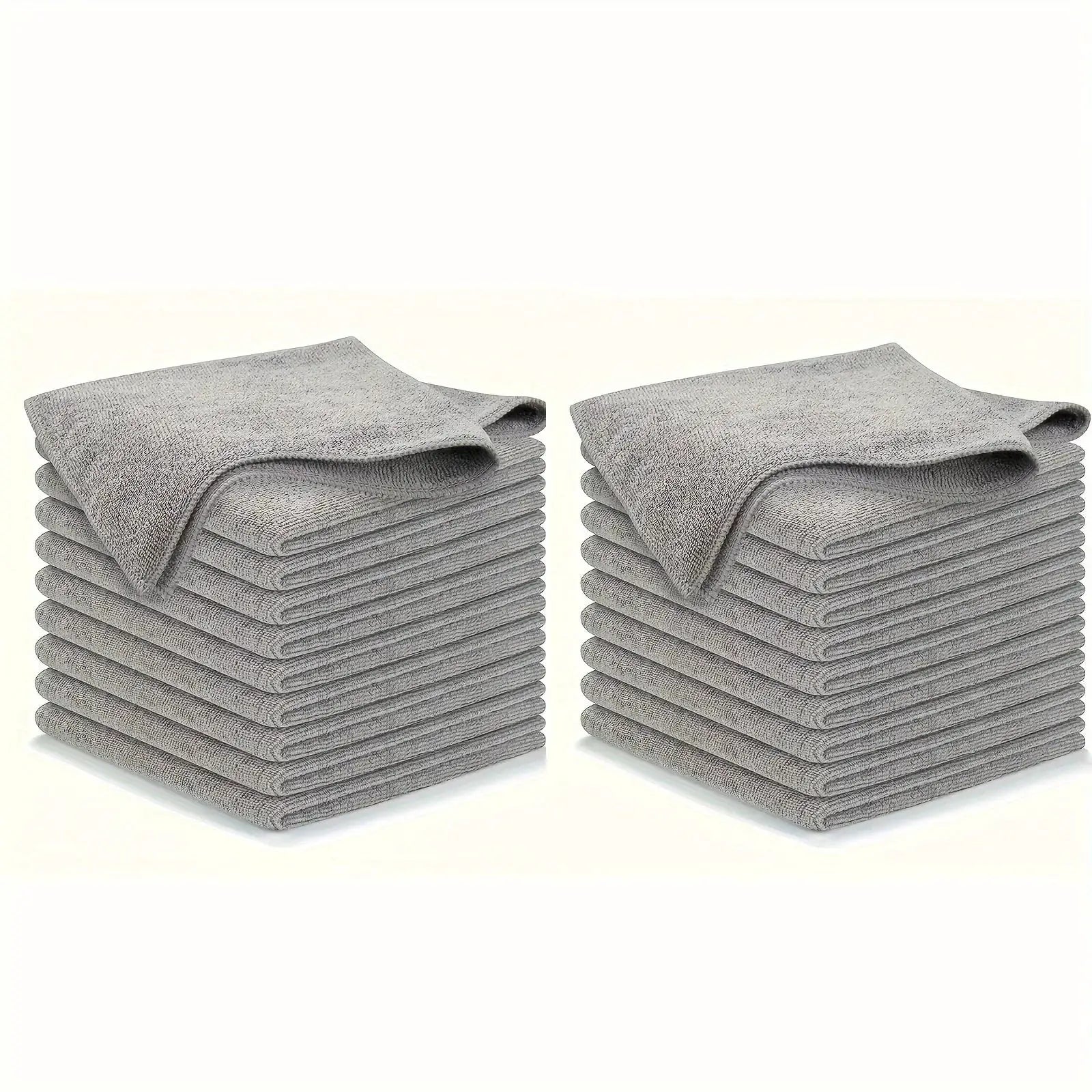 Two stacks of light gray microfiber kitchen towels; absorbent, soft cleaning cloths.