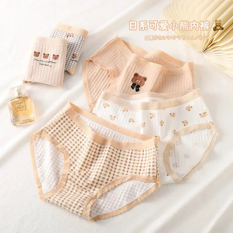 Five-piece cotton panties set with teddy bear prints in beige, white and gingham; mid-rise briefs.