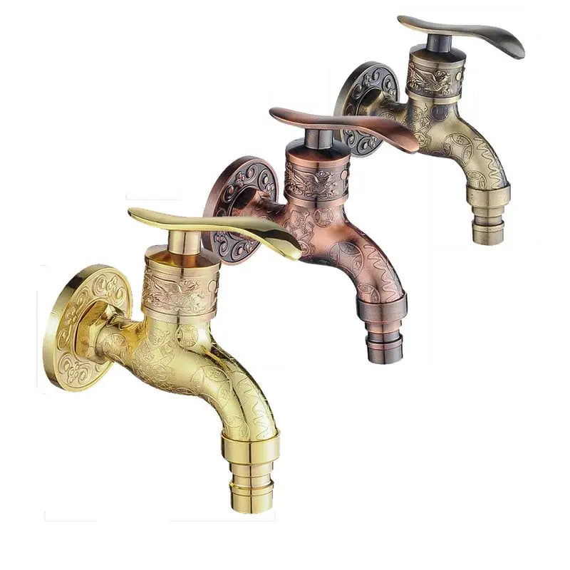Three ornate zinc alloy outdoor wall-mounted faucets in gold, bronze, and antique copper finishes