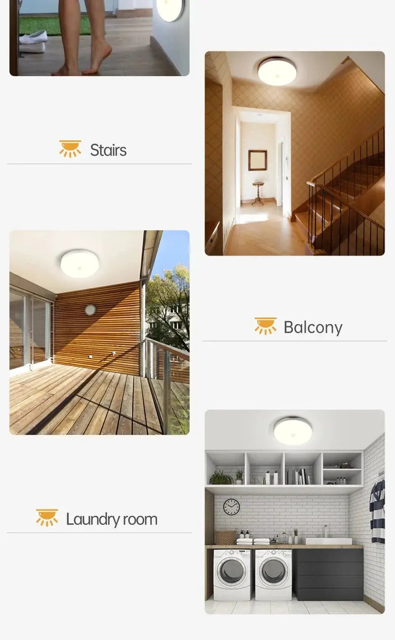 Simples Market motion sensor PIR LED ceiling lamp; white round ceiling light shown in stairs, balcony, laundry room.