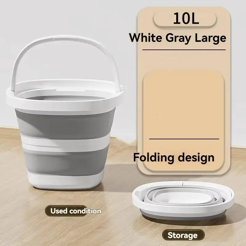 Foldable 10L water bucket in white and gray with handle; large capacity, easy storage